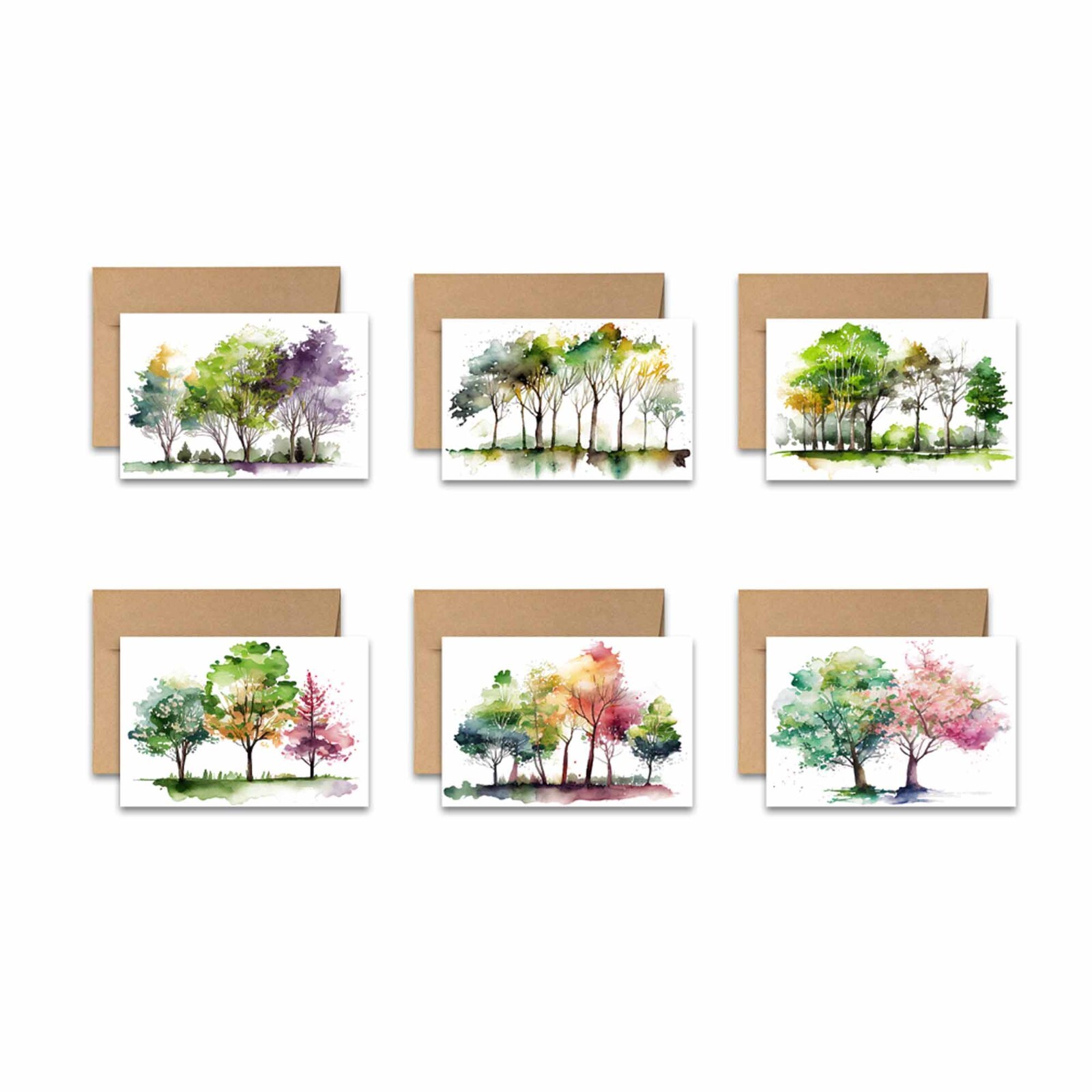 12 Flat Notecards with Envelopes Cute Stationery Watercolor Trees – 2 of each