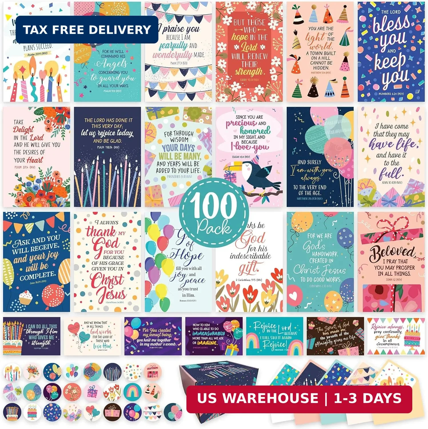 Decorably 100 Pack 4x6in Christian Birthday Cards Bulk with Envelopes and Sticke