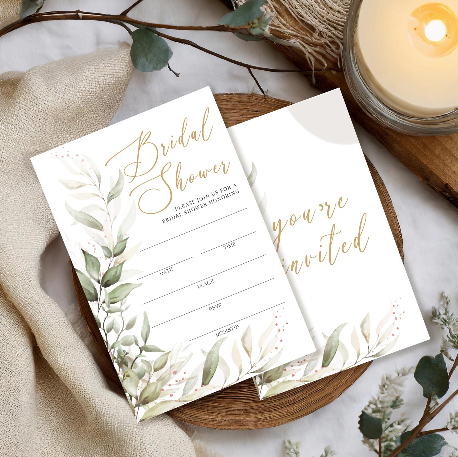 Gold Foil Greenery Bridal Shower Invitations With Envelopes, Minimalist Weddi…