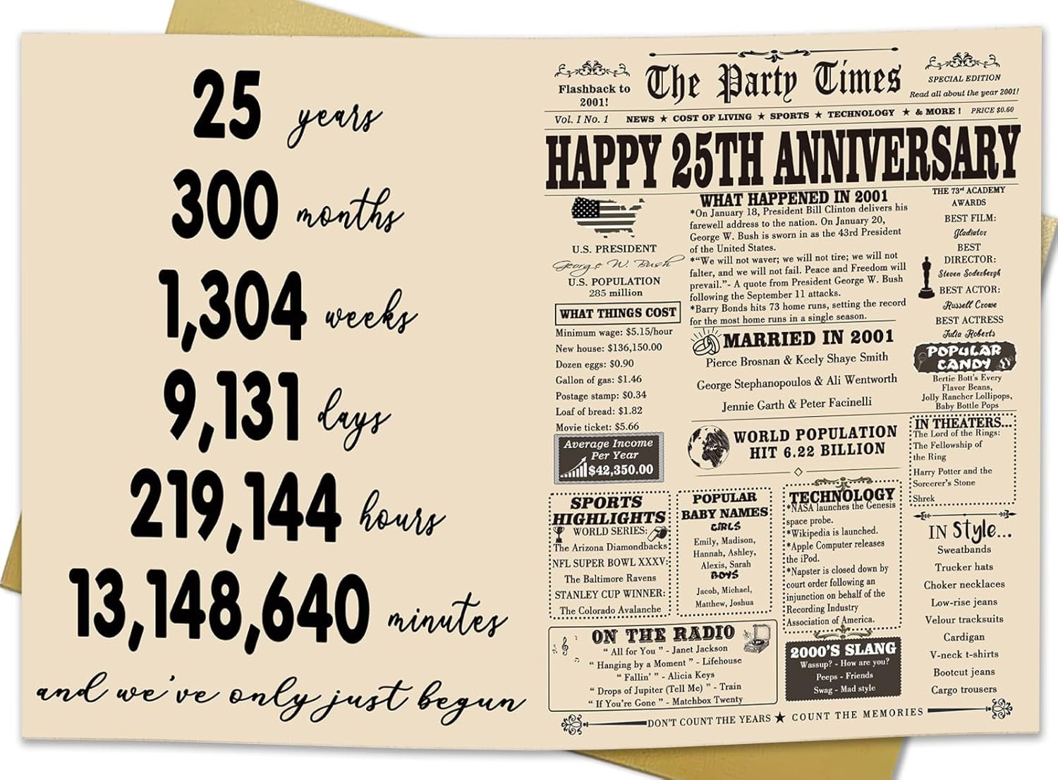 Large 25th Anniversary Card for Couples, Retro 25 Years Wedding Aday Gift Ideas