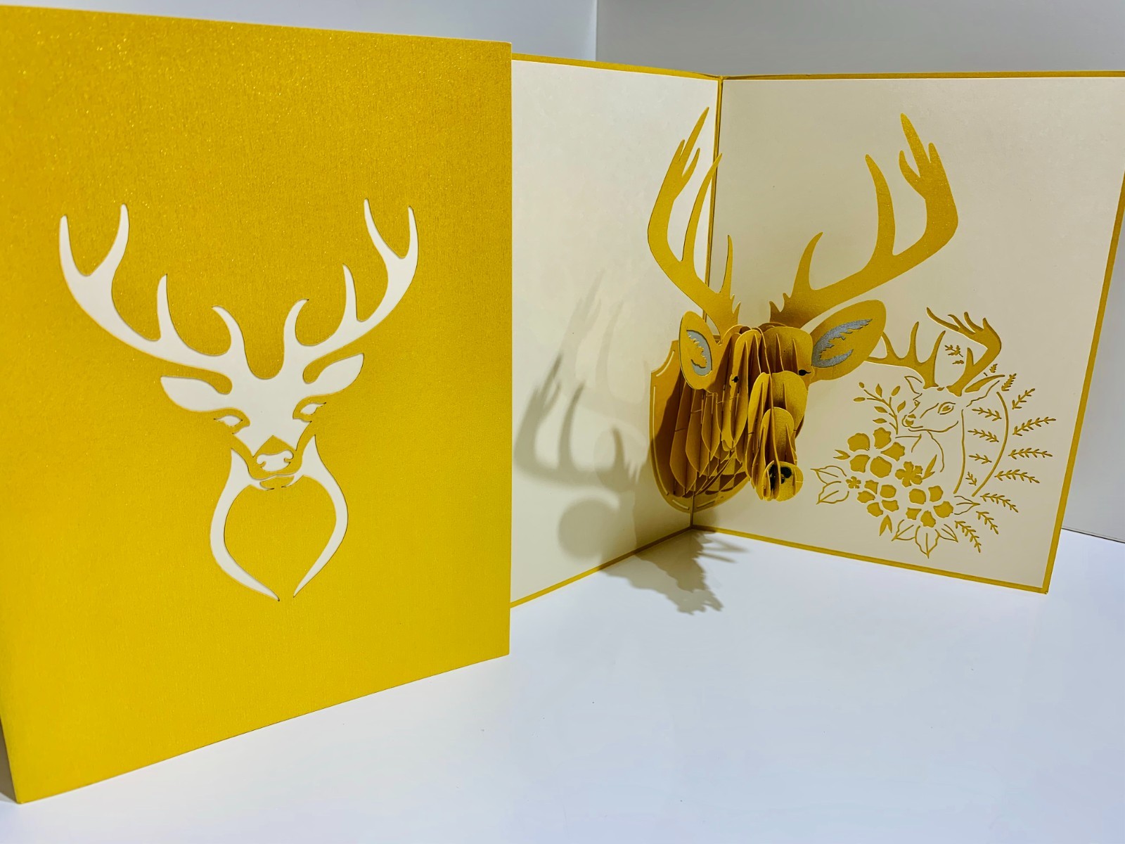Origami Pop Cards Gold Stag Deer Head Hanging Wall Decor Happy Holidays 3D Pop
