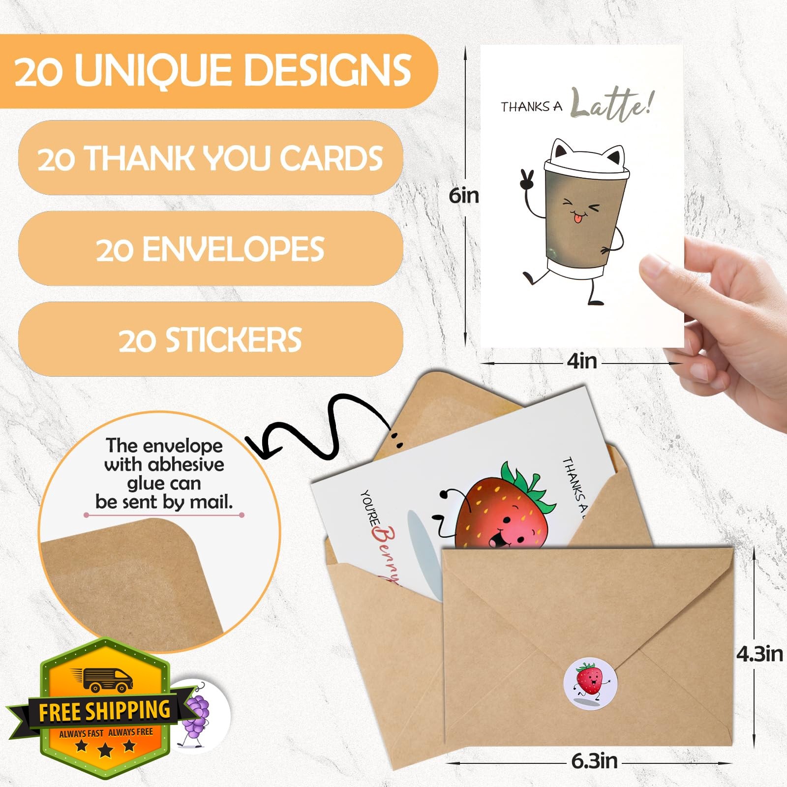 XXINMOH Thank You Cards Set 20 4×6 Blank Notecards