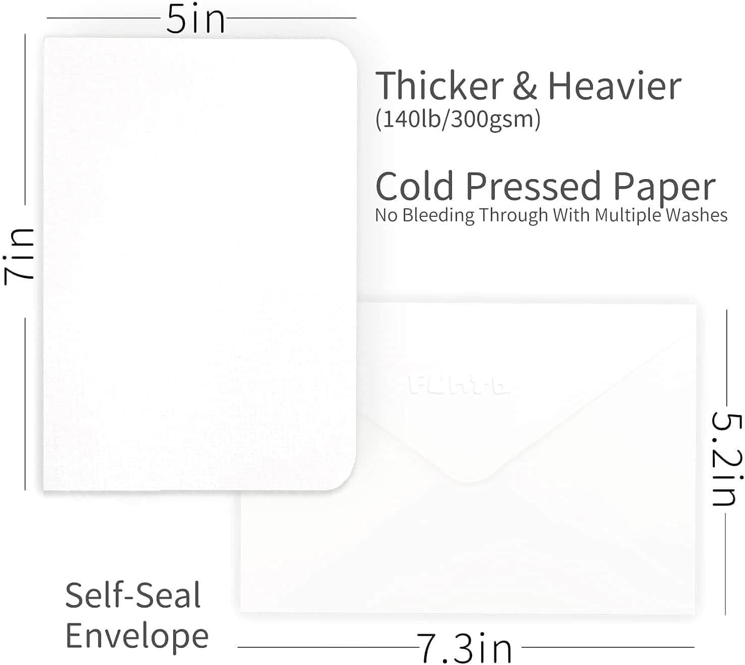 Funto Blank Watercolor Cards and Envelopes, 50 Cards, 5×7”, 140lb/300gsm, White