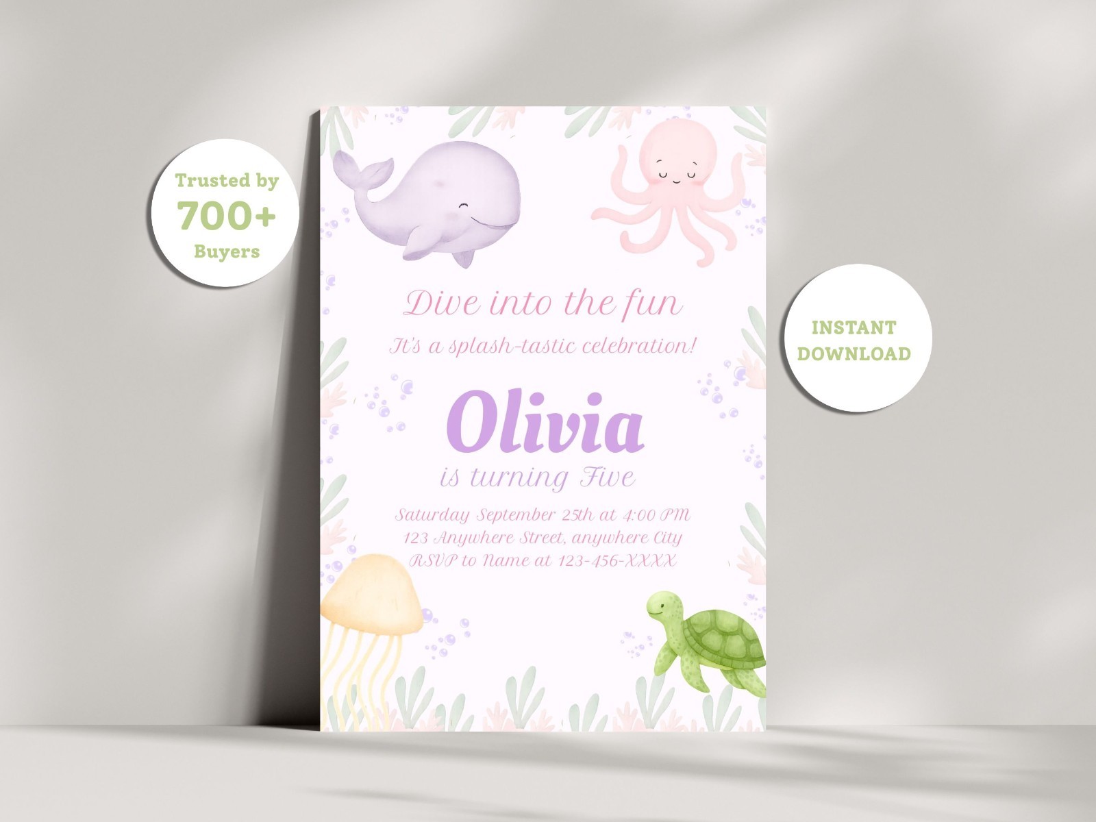 Personalized Under the sea Animals Birthday Party Invitation Card 5×7 In