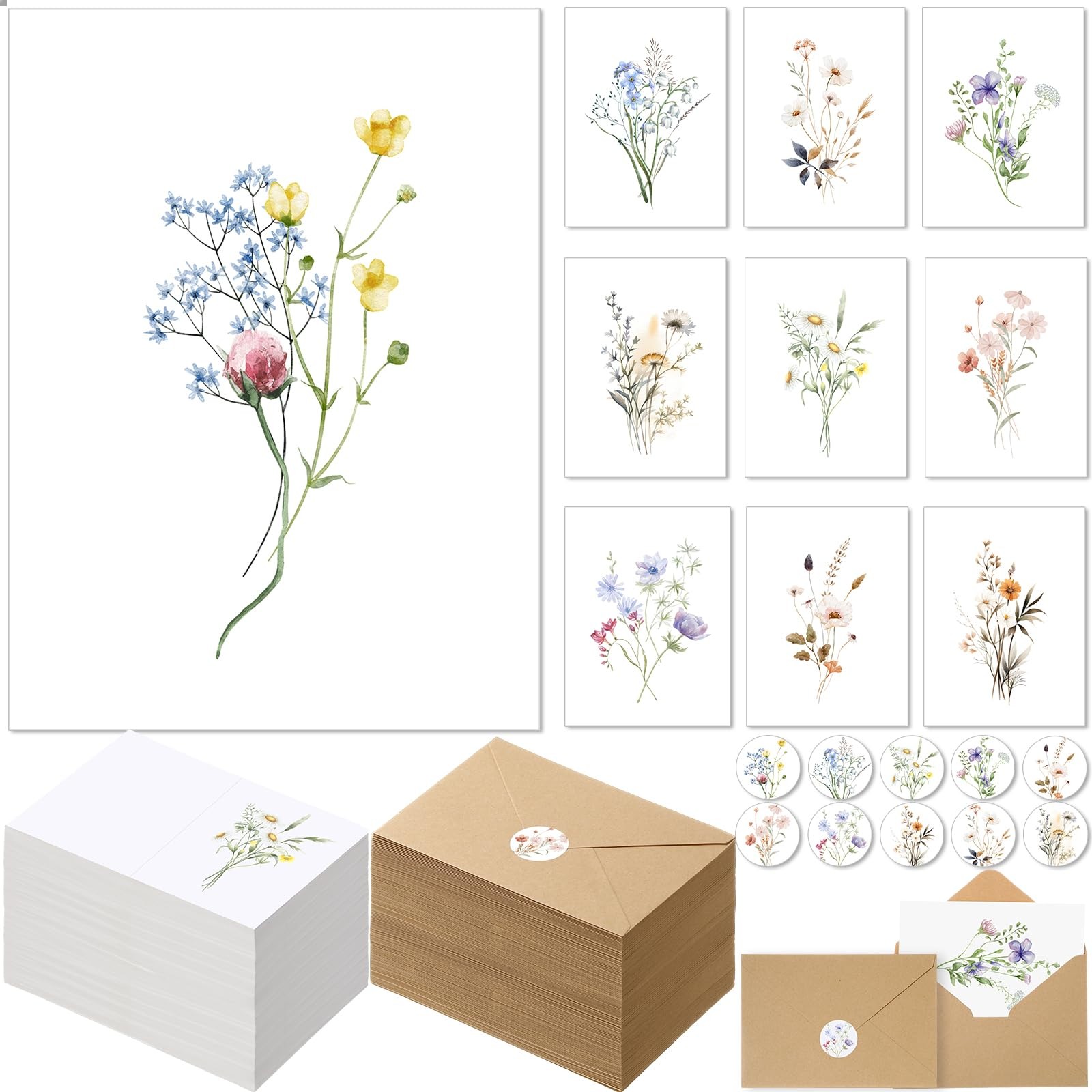 Blank Greeting Cards 4×6 100 Pack Watercolor Wildflowers – 10 Floral Designs