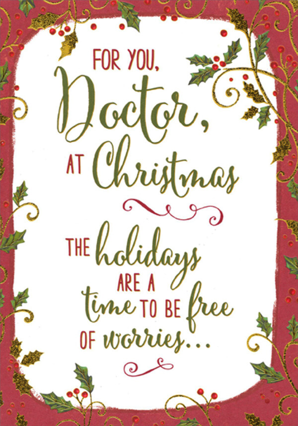 Gold Foil and Green Holly on Red Frame Free of Worries Doctor Christmas Card