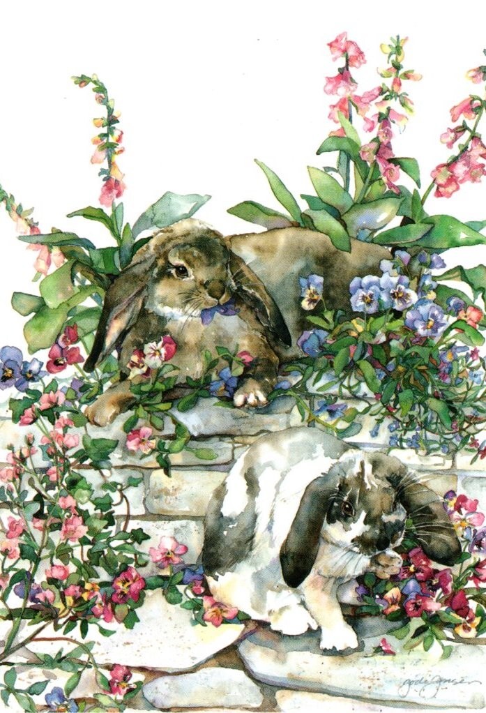 Jodi Jensen Bunny Bunnies Rabbit Garden Flowers Blank Inside Note Card Set of 5