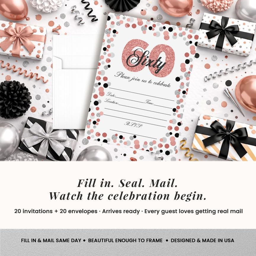 20 PCS Confetti Rose Gold Polka Dot 60th Birthday Party Invitations 5×7 Inch