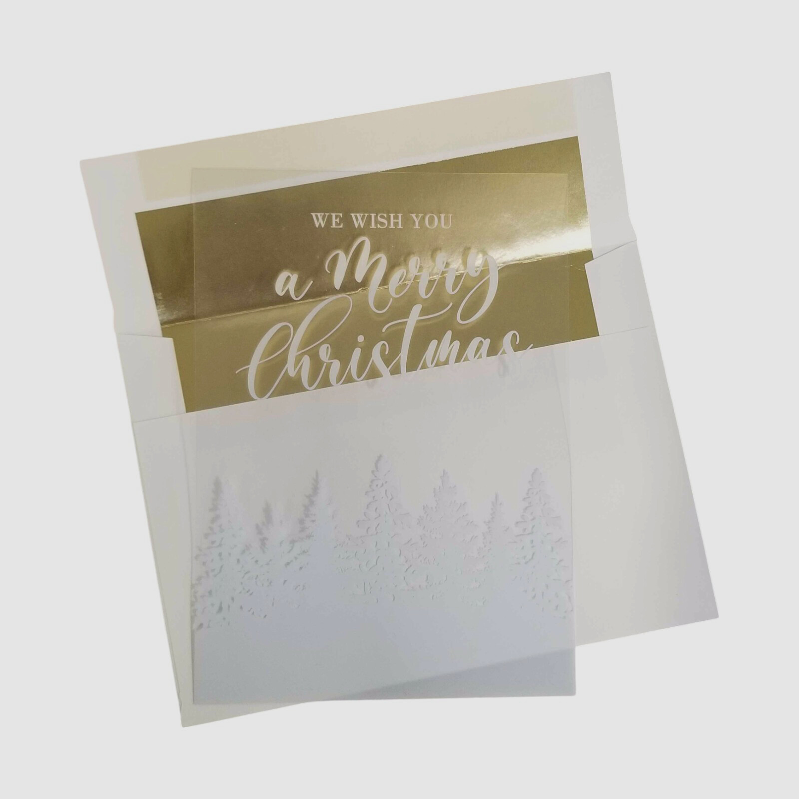 Carlson Craft Forest of Trees Clear Gold Envelope Christmas Card Set