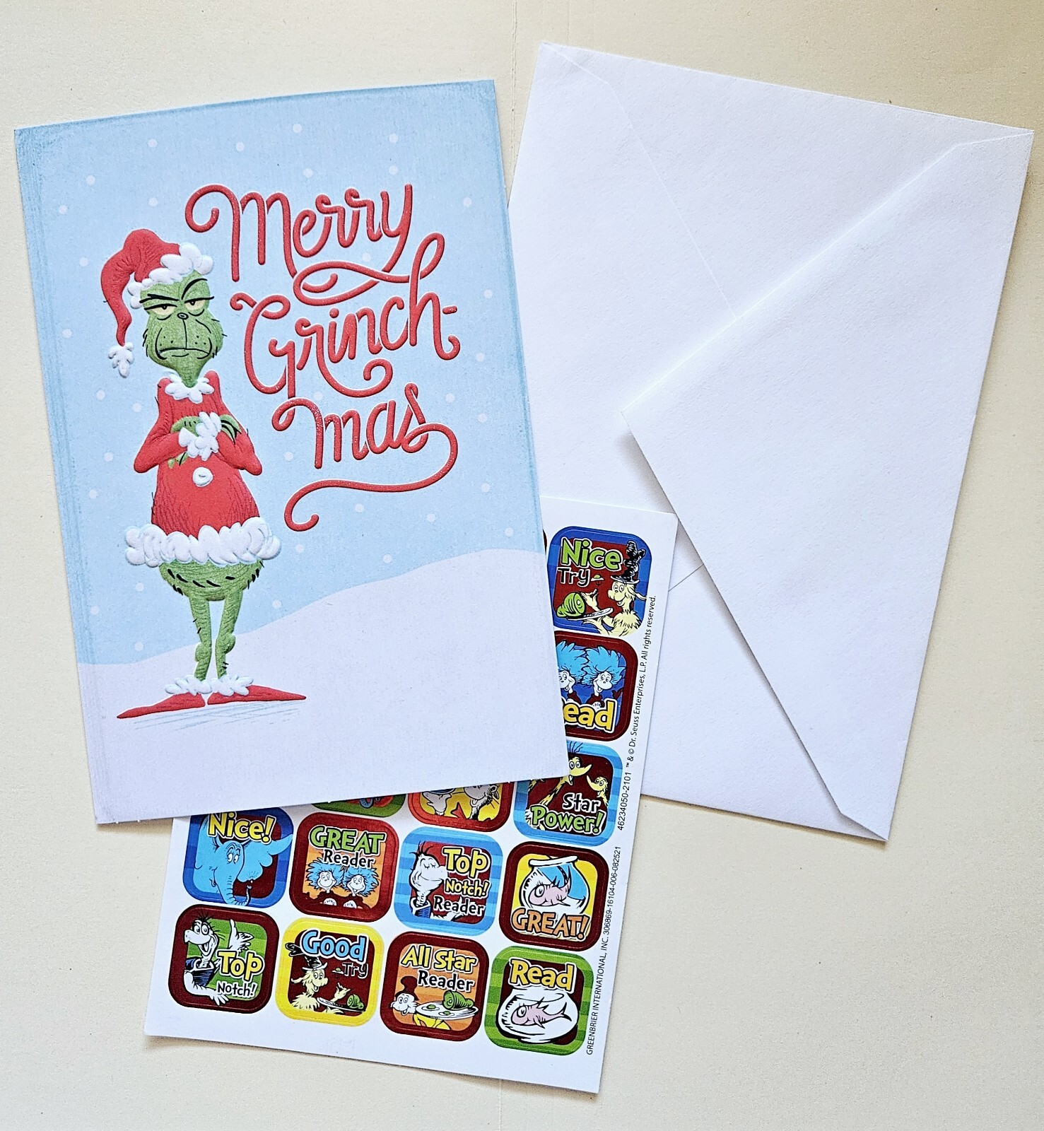 Christmas / The Grinch “Dr. Seuss” Greeting Card + Sticker Sheet (+ Envelope)