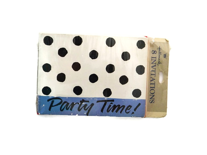 1968 Sealed Polka Dot Party Invitations Set of 8 by Hallmark Black White Blue