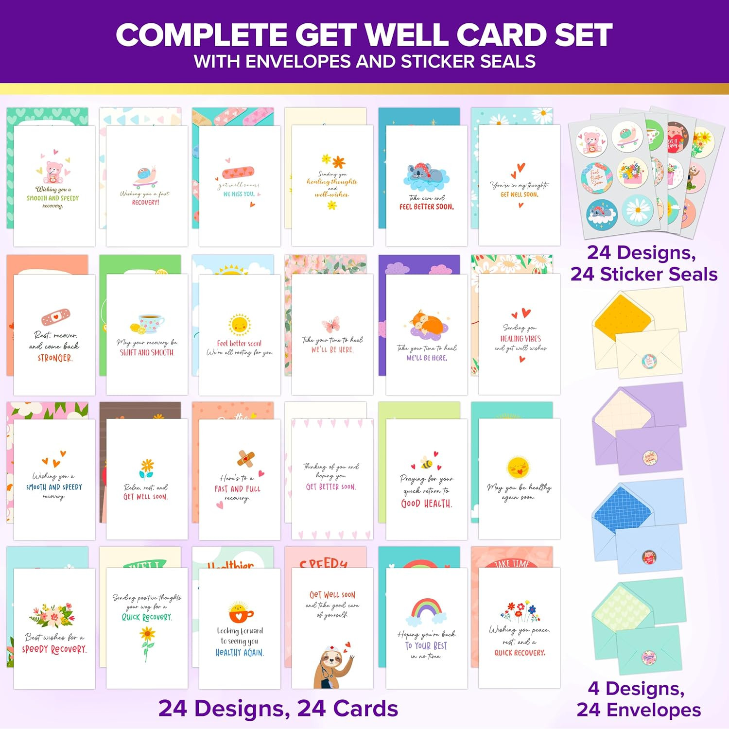 24 Pack 4X6In Cute Get Well Cards Assortment Box with Envelopes and Stickers, 24