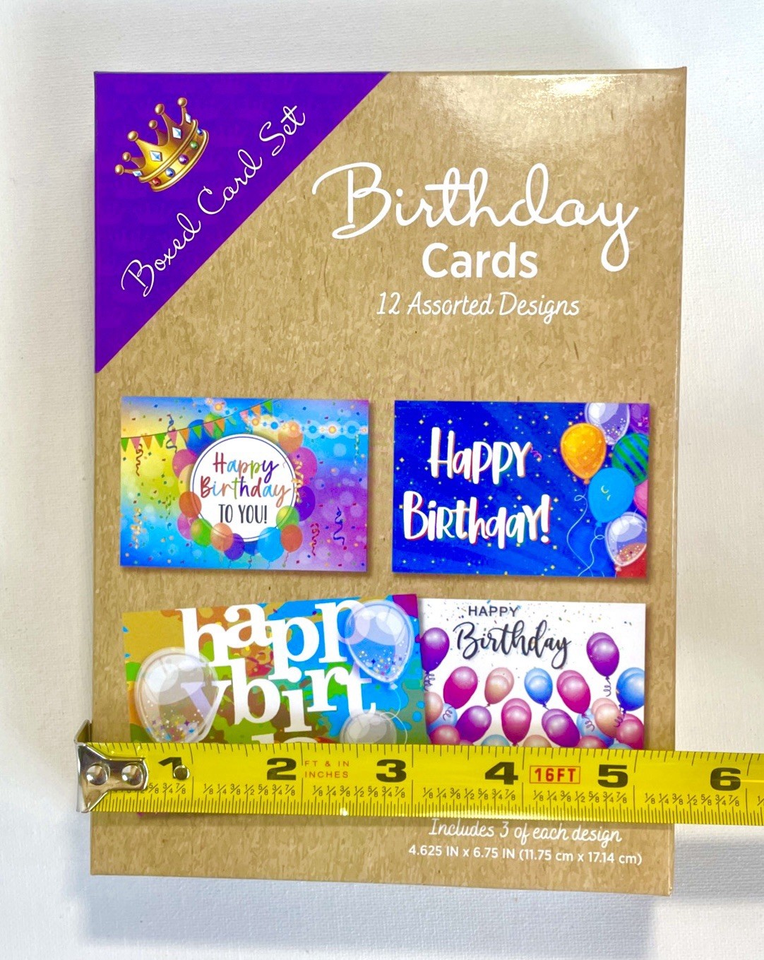 Crownjewlz 12 Birthday Cards Box Set w/ Envelopes, 3 each of 4 Colorful designs