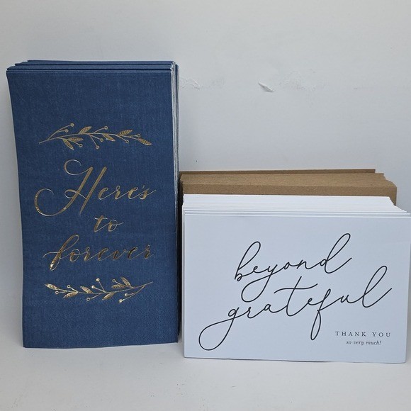 85 Wedding Blue & Gold Napkins & 25 Thank You Cards