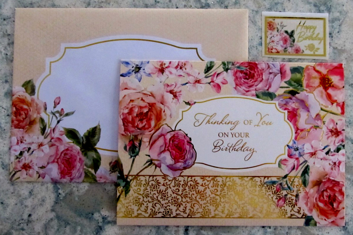 Creatively Designed Birthday Card, Env. & Seal – Pink Roses – Gold Foil Accented