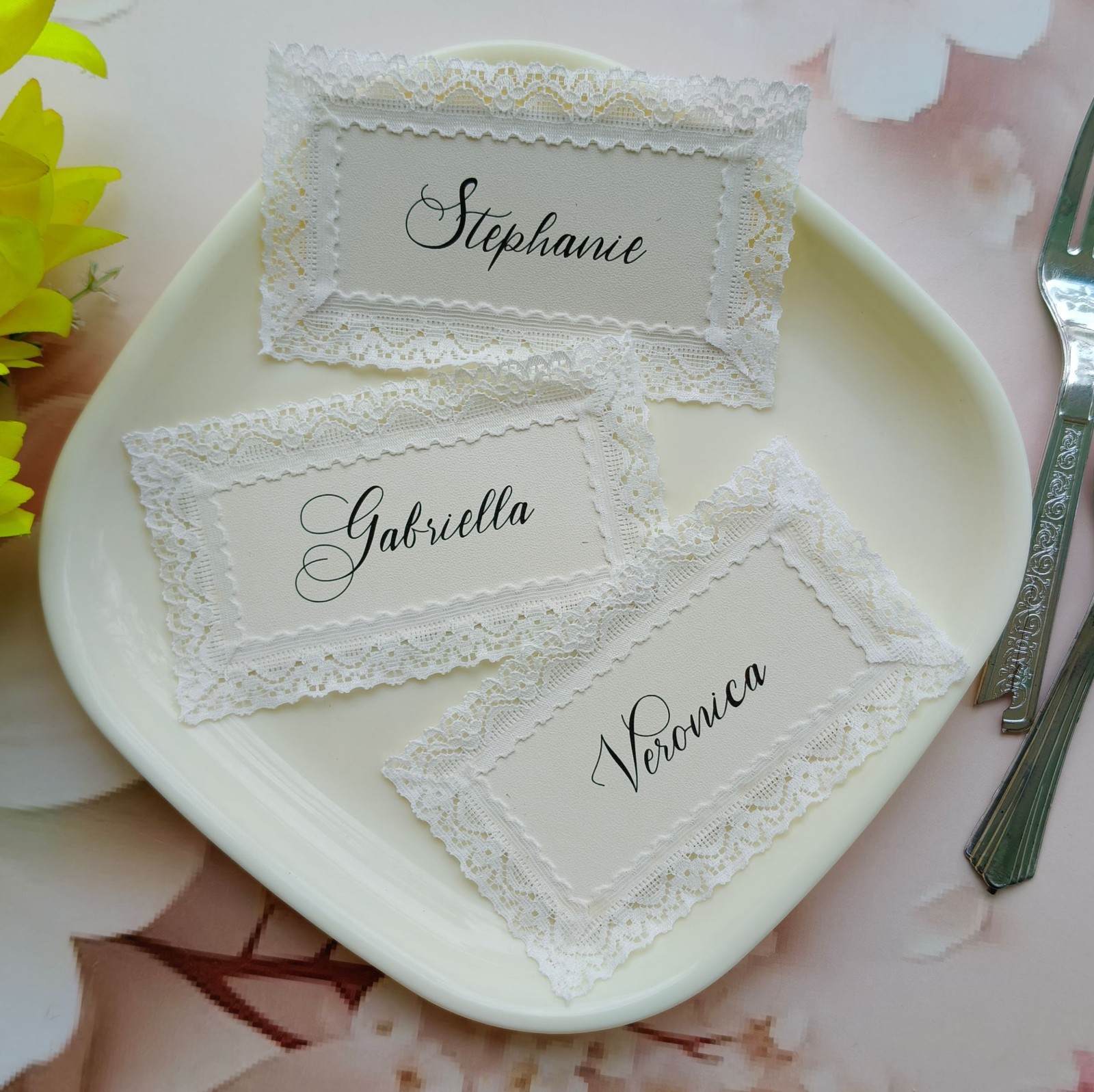 Lace Place Cards with Calligraphy Names | Elegant Wedding Bridal Table Decor