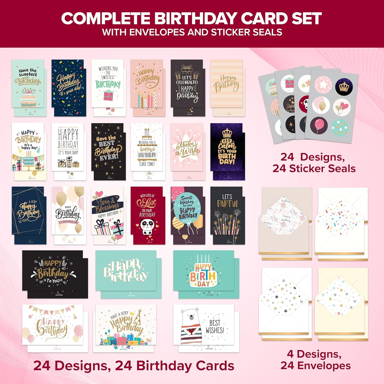 24 Pack Foil and Glittery 6x4in Assorted Birthday Cards with Envelopes and Stick