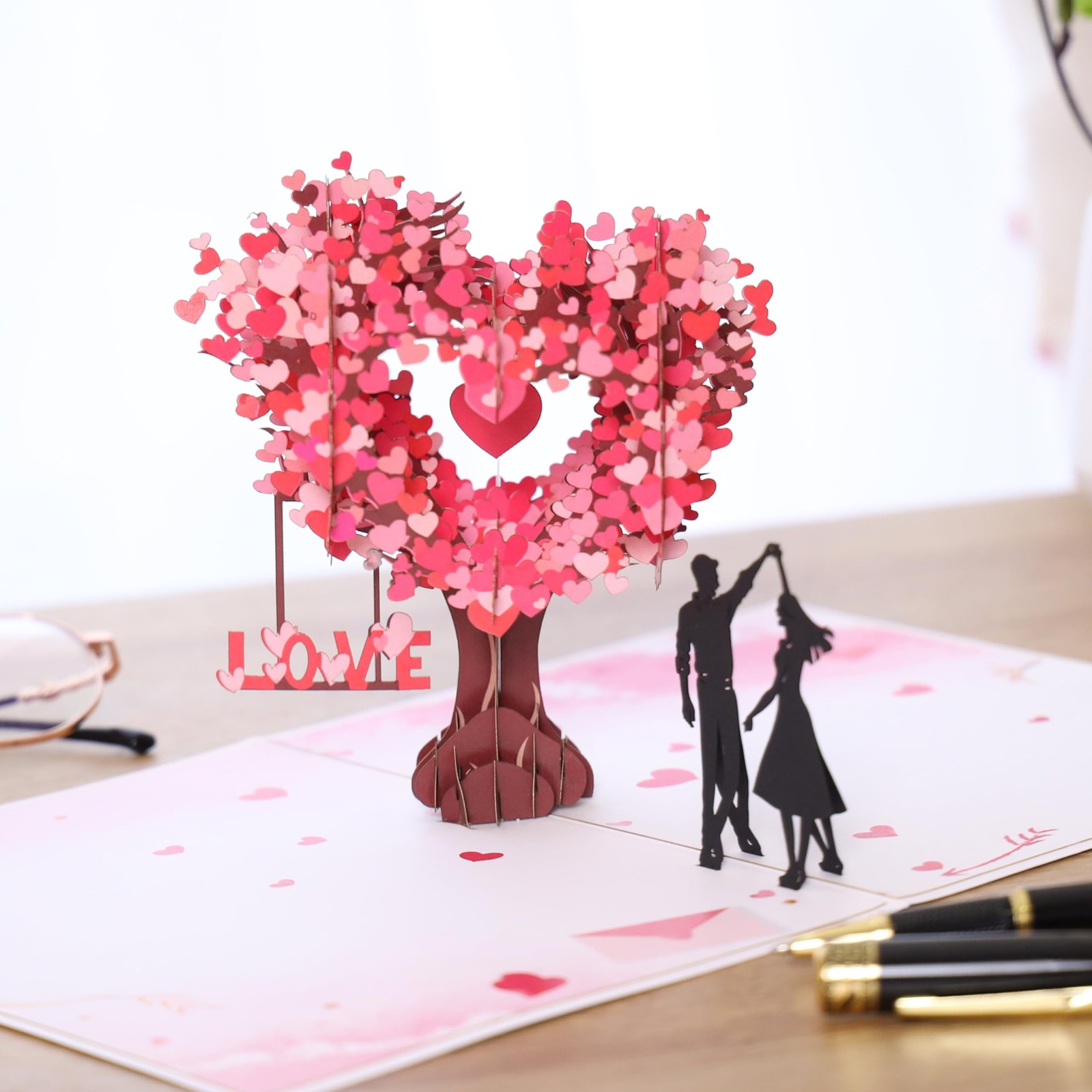 Pop Up Anniversary Card, 3D Love Tree Hearts Couple Wedding Card for Her, Wife