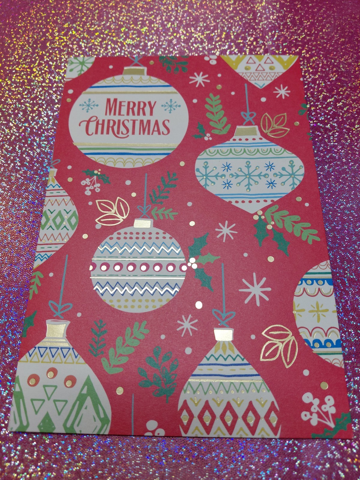 Christmas Ornaments Folded Greeting Card Red Green White Gold Holiday