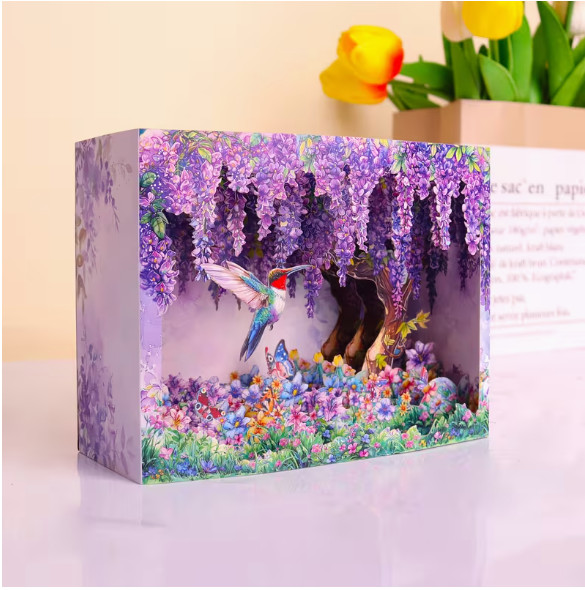 3D POPUP CARD-Wisteria and Hummingbird Greeting Card