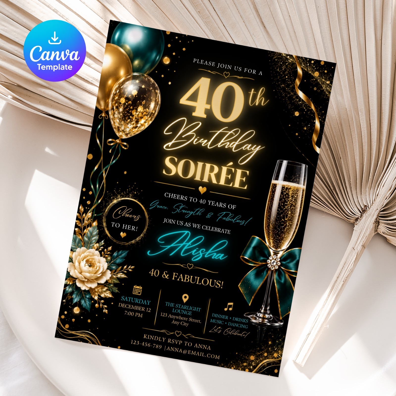 40th Birthday Invitation for Women Editable Canva Template Digital Invite