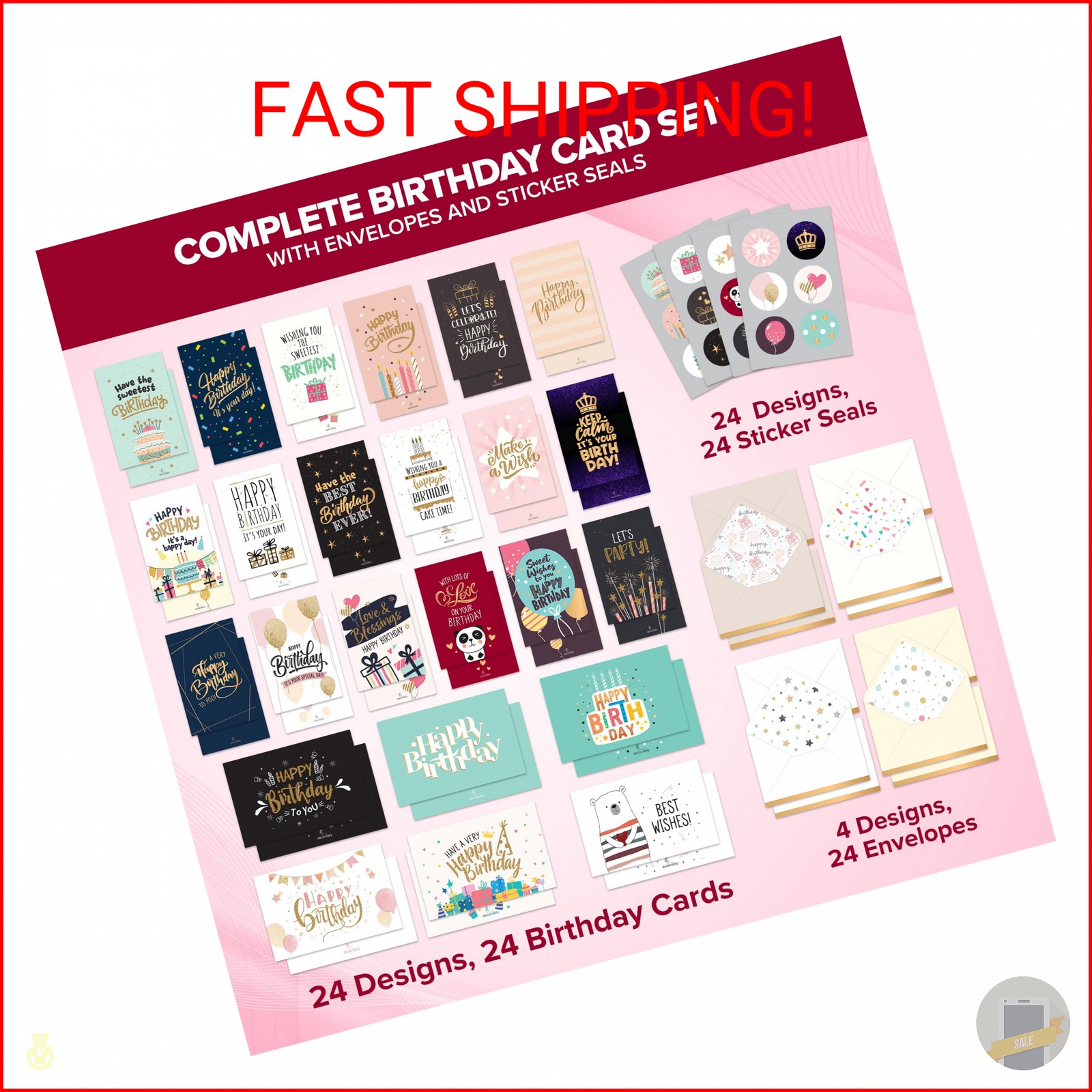 Decorably 24 Pack Foil and Glittery 6x4in Assorted Birthday Cards with Envelopes