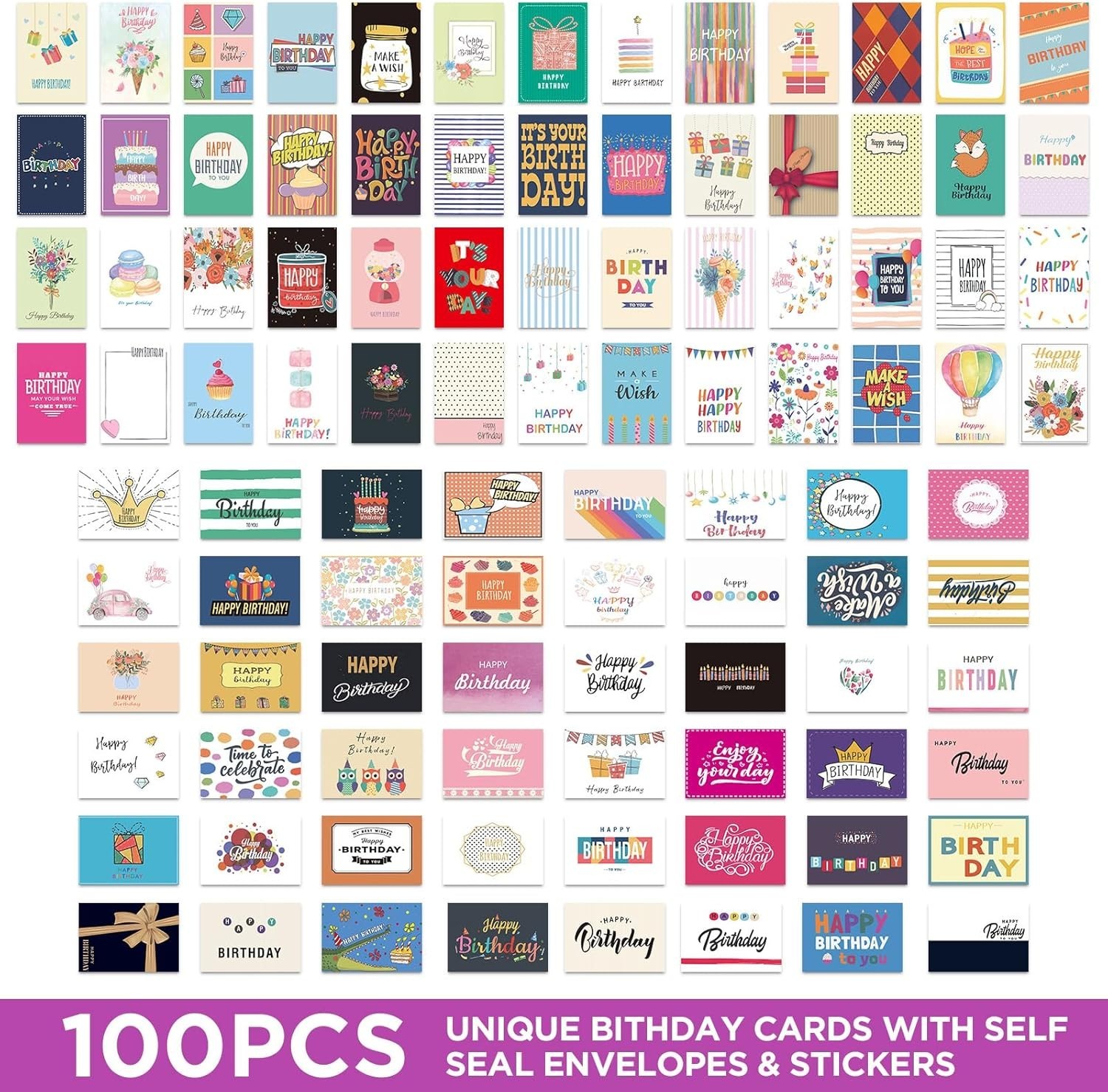 100 Pcs Happy Birthday Cards Bulk with Envelopes Box of Birthday Cards assorted