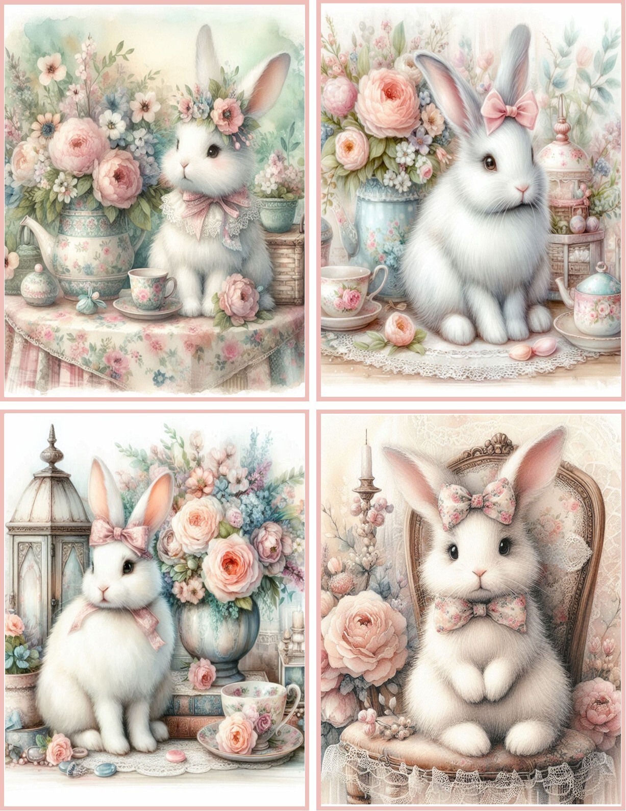8 Bunny Rabbit Shabby Chic fantasy glossy blank fold out note card w/envelopes
