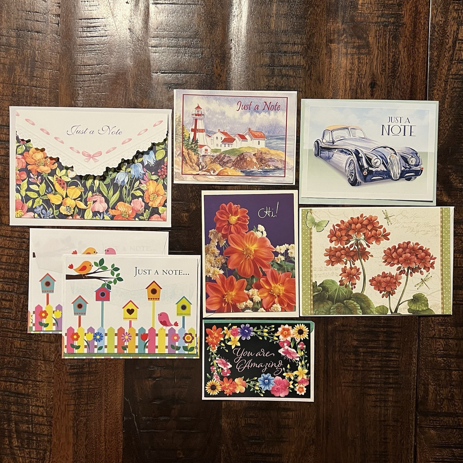 Set of 8 – Just A Note Cards Blank Lined Unused Floral Garden Car Lighthouse