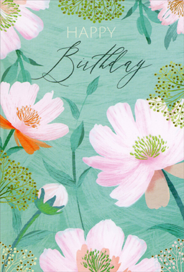 Pictura Soft Pink Flowers on Turquoise Birthday Card