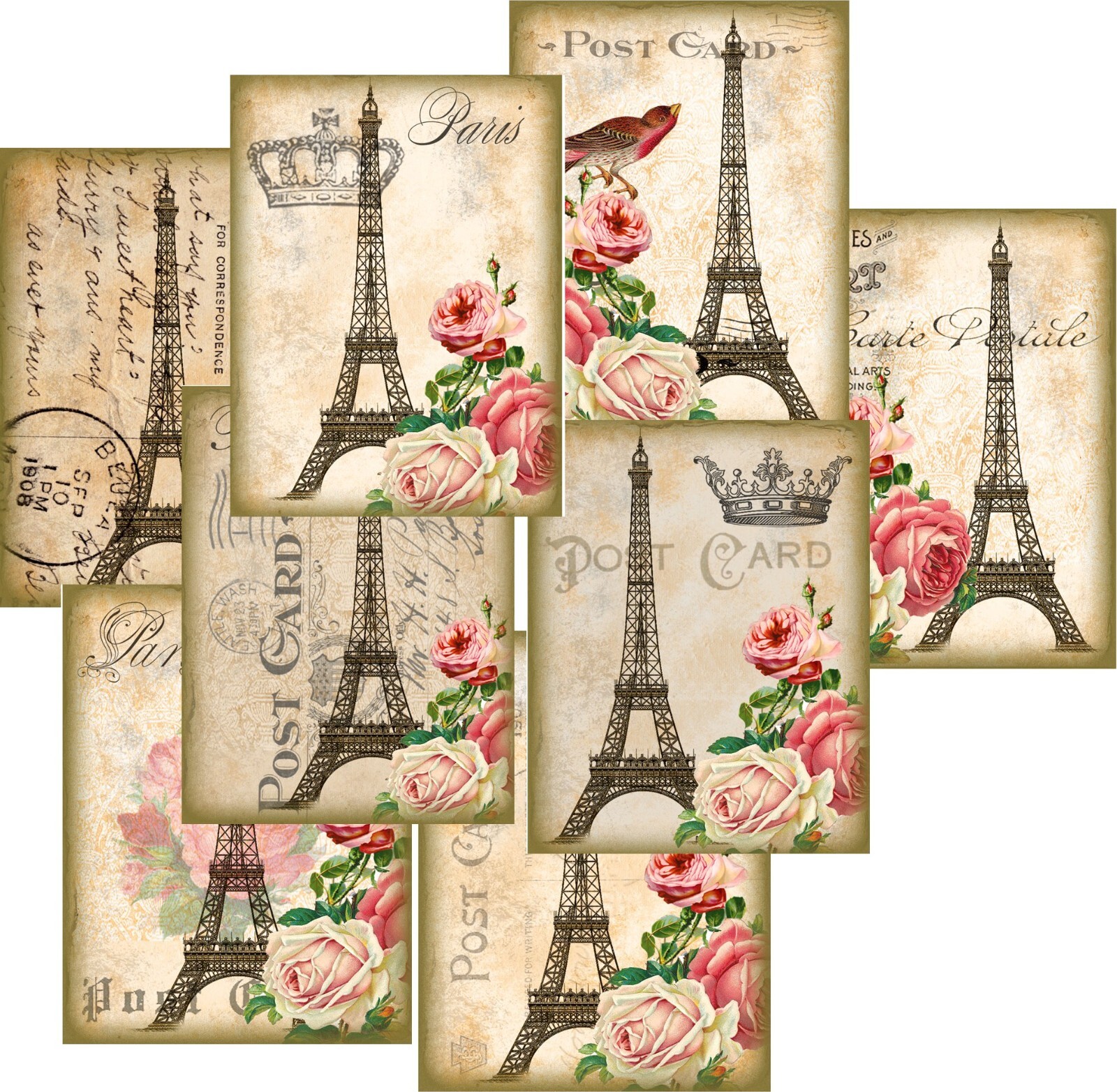 8 PARIS EIFFEL TOWER NOTE CARDS BLANK GLOSSY IVORY ENVELOPES ORGANZA BAG