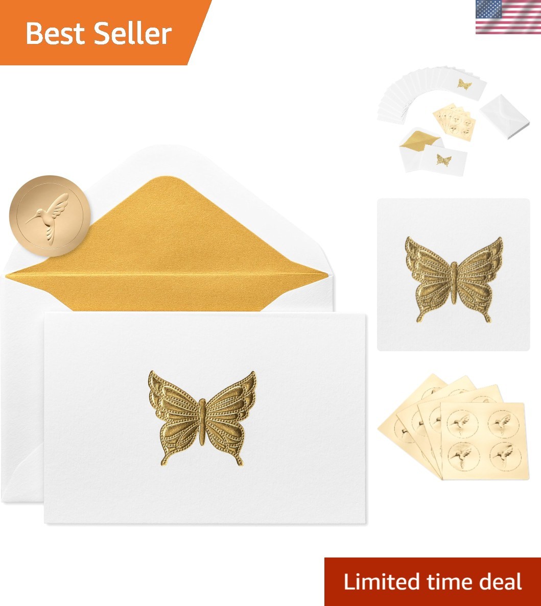 14-Count Gold Butterfly Stationery Cards with Gold Lined Envelopes and Seals