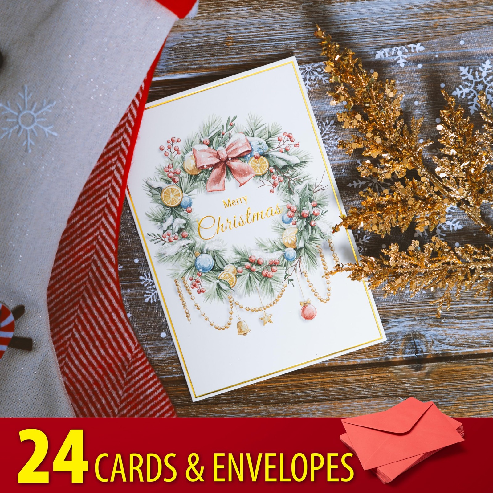 24 Christmas Cards Assortment, Festive Gold Foil Glitter Watercolor Bulk Xmas…