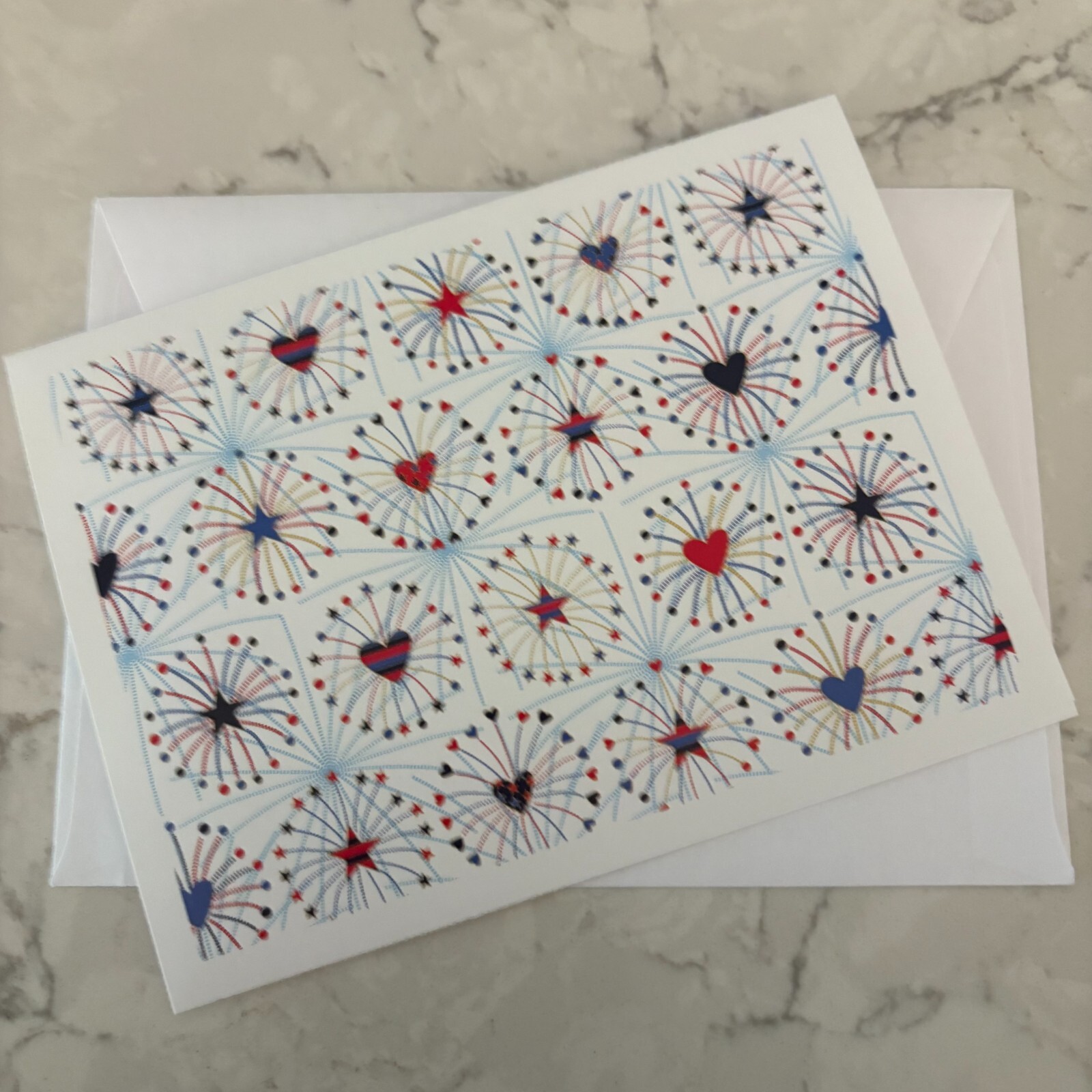 Red White & Blue Heart + Stars Family Message Note Blank Card with Envelope