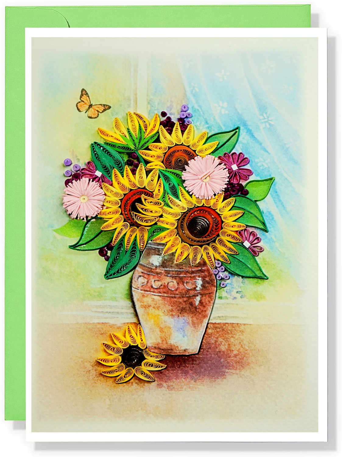 Sunflower Vase Quilling Greeting Card for birthday, anniversary , all occasions.