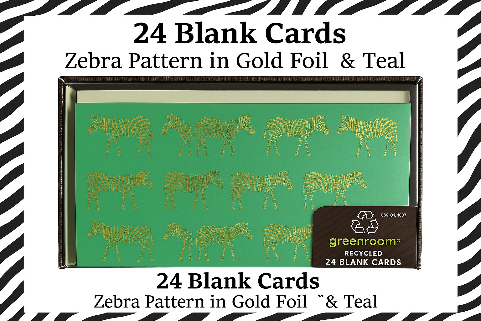 🦓 24 Blank Cards – Zebra Pattern in Gold Foil & Teal