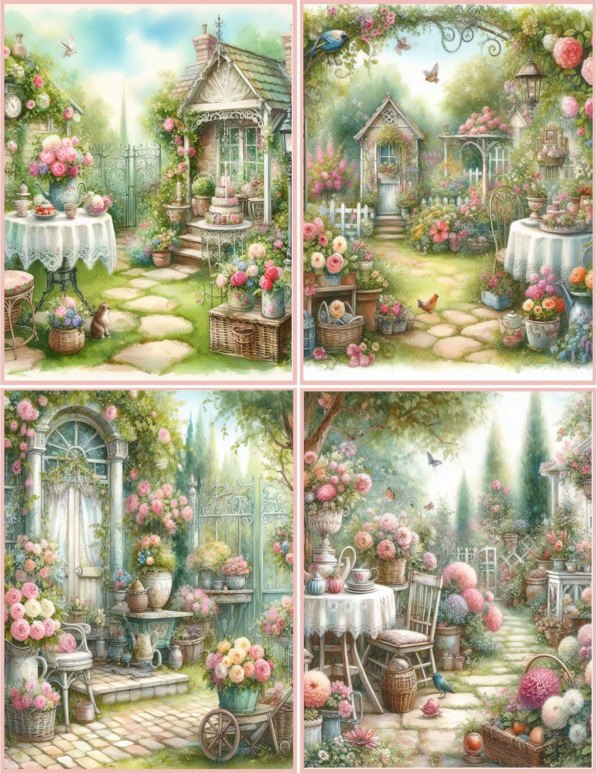 8 Shabby Chic Garden Porch Flowers Fantasy glossy blank fold out Note Cards
