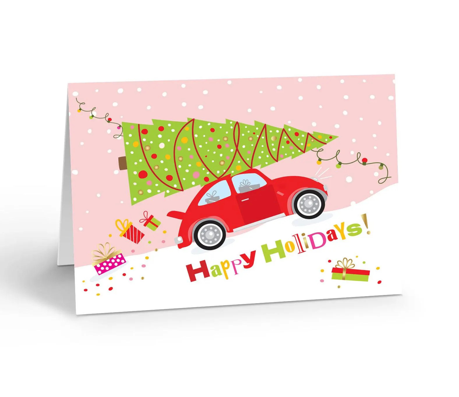 Little Red Car Delivering Big Christmas Tree Holiday Card – 12 Cards with Envelo