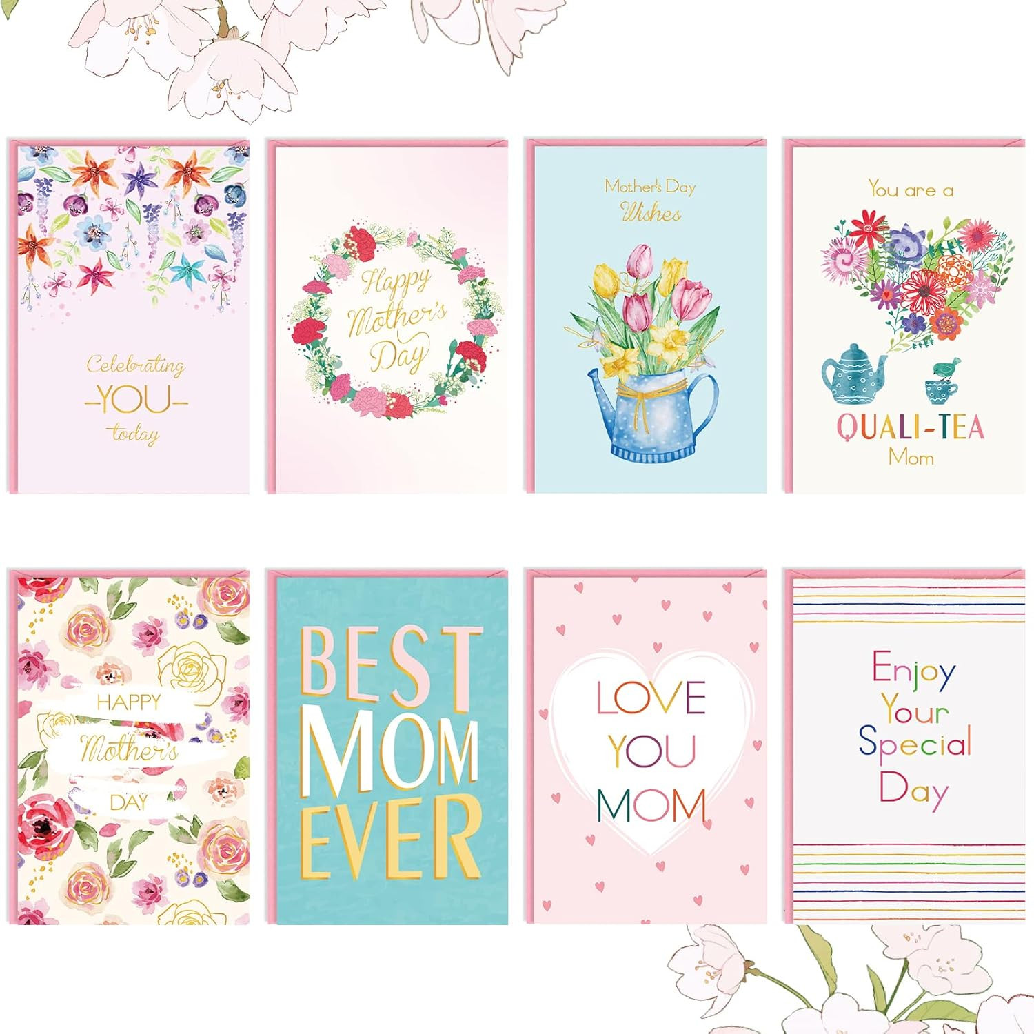 24 Pack Mother’S Day Cards with Envelopes & Matching Stickers – Gold Foil Floral