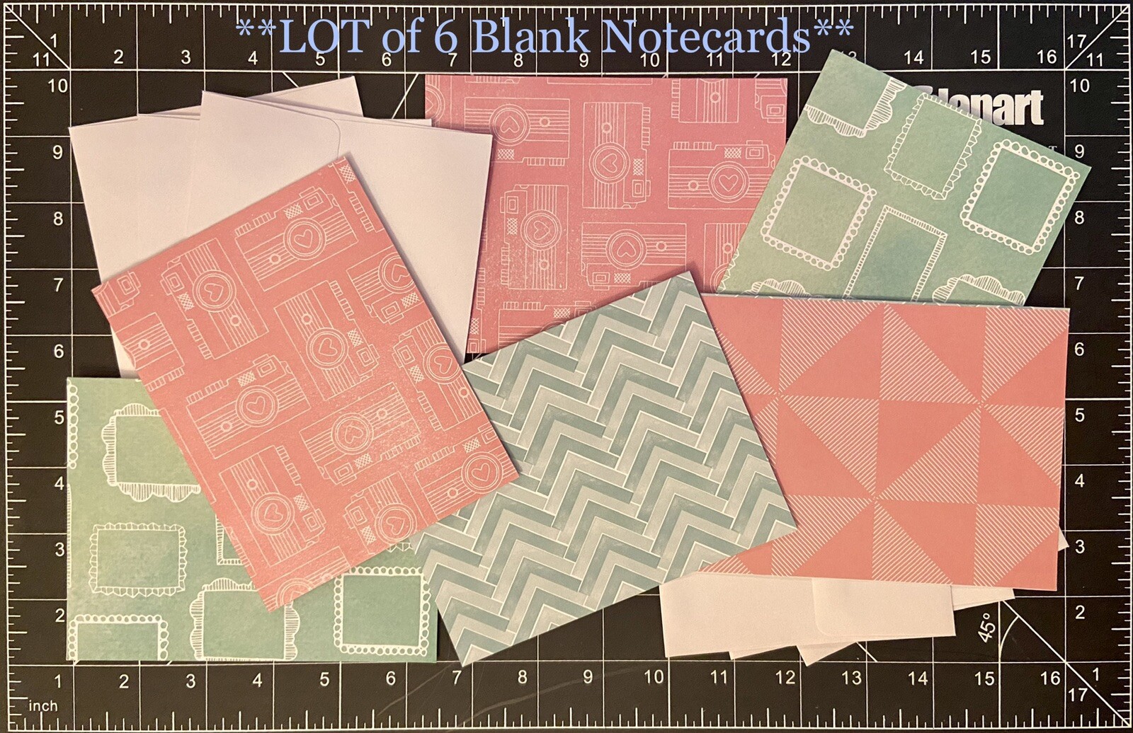 “Patterns in Pink & Green” LOT of 6 Blank Notecards (by AMERICAN CRAFTS)