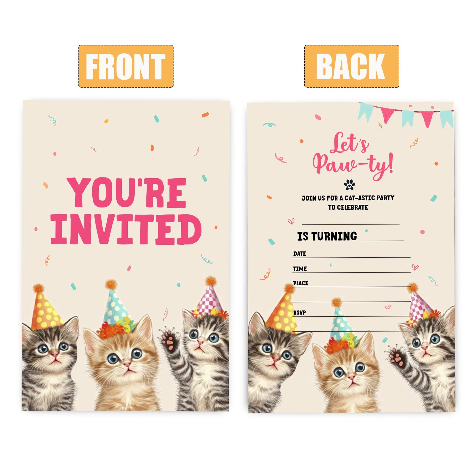 30 PCS Cat Pawty Happy Birthday Party Invitation Card Double Sided 4×6 Inch