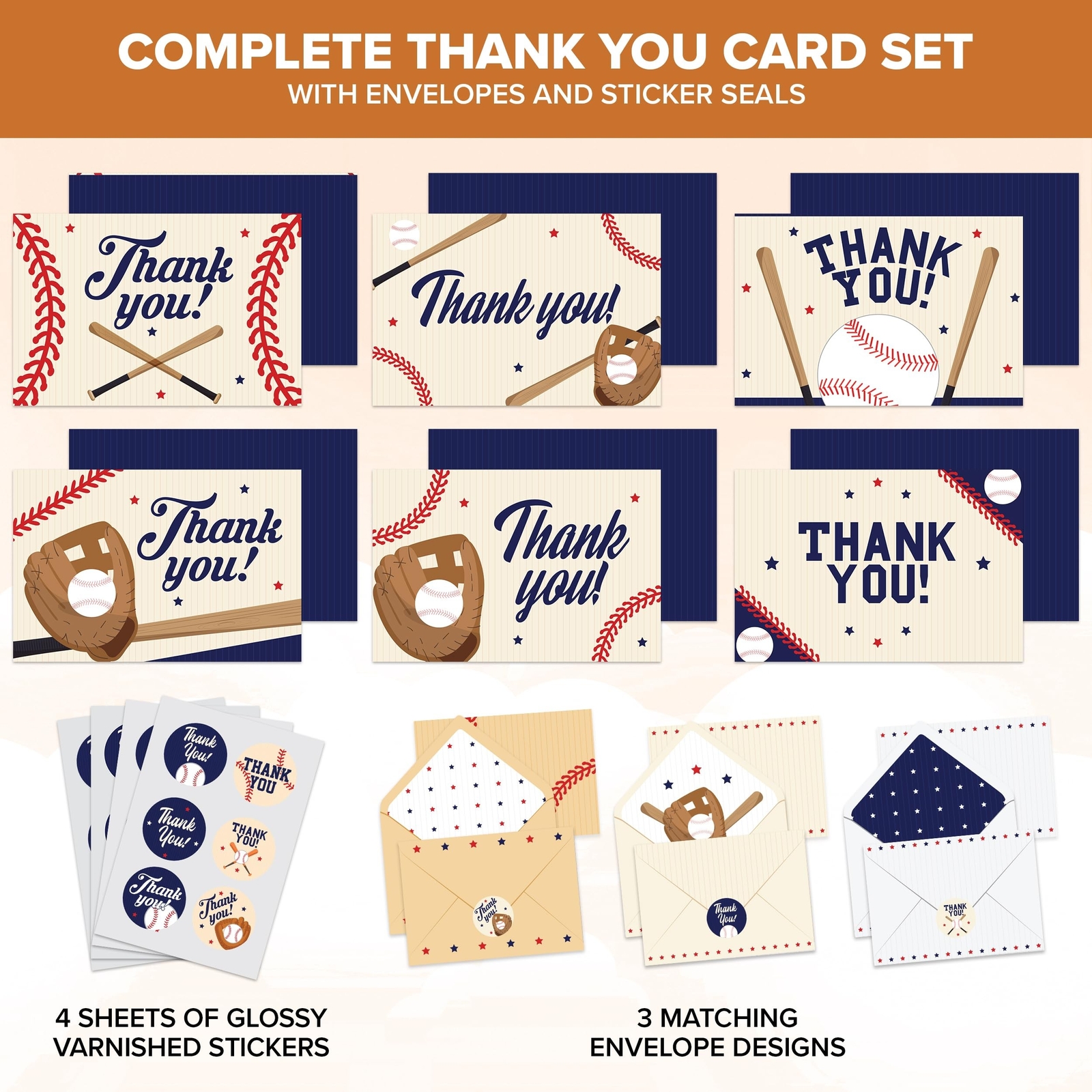 Decorably 24 Pack 6x4in Baseball Thank You Cards with Envelopes and Stickers,…