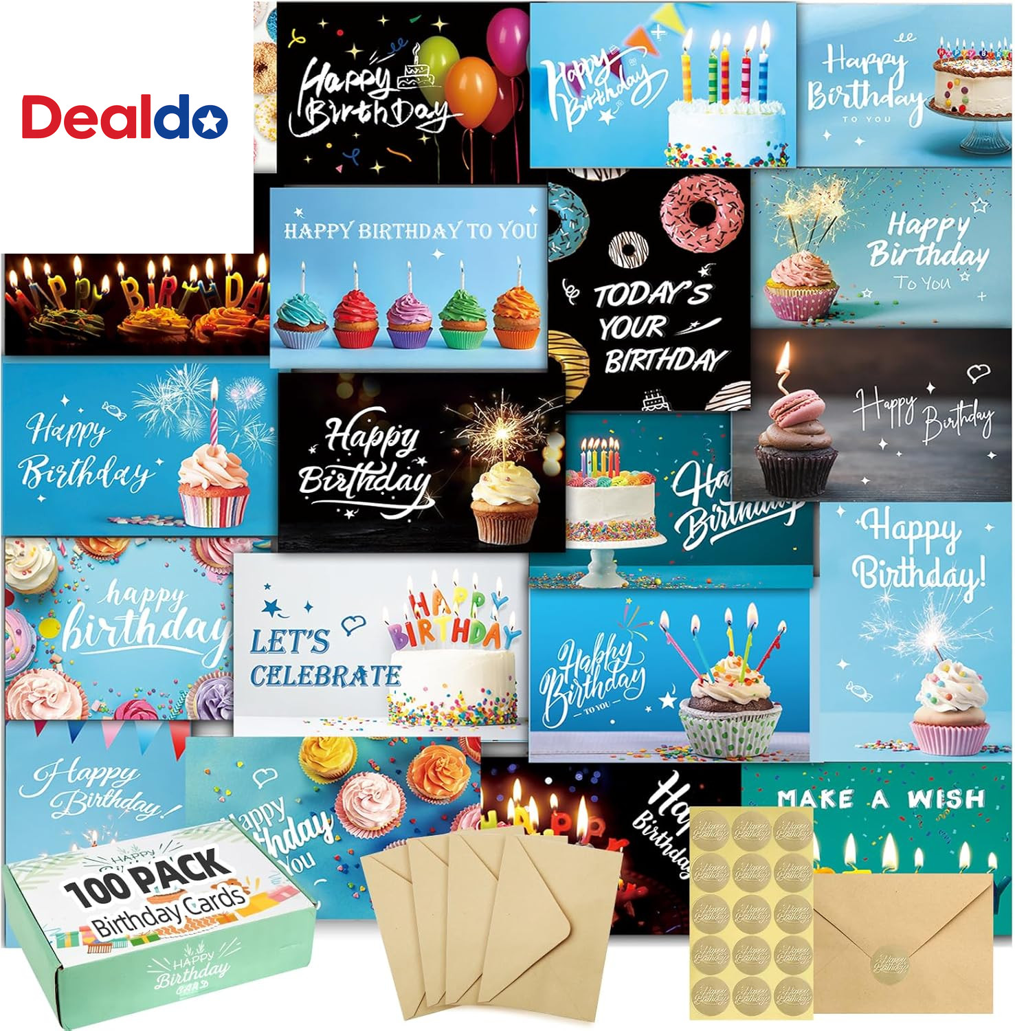100 Happy Birthday Cards with Envelopes, 20 Unique Designs, Birthday Cards Bulk