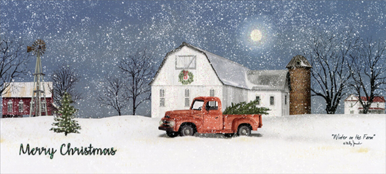 LPG Greetings Red Pickup Truck Winter Farm and Moonlit Sky Christmas Card