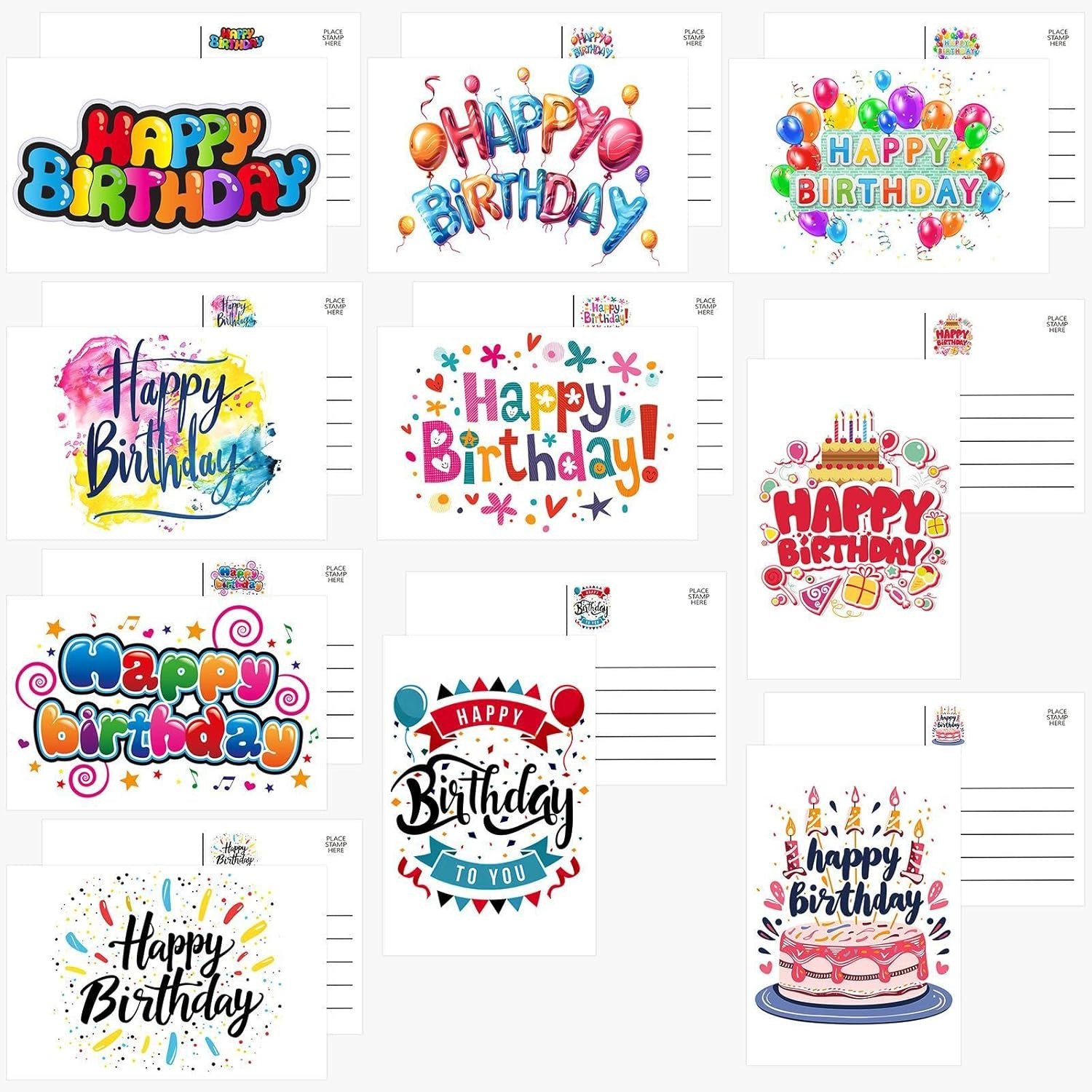 100 Pack Happy Birthday Postcards Assortment Bulk Blank 10 Unique Designs