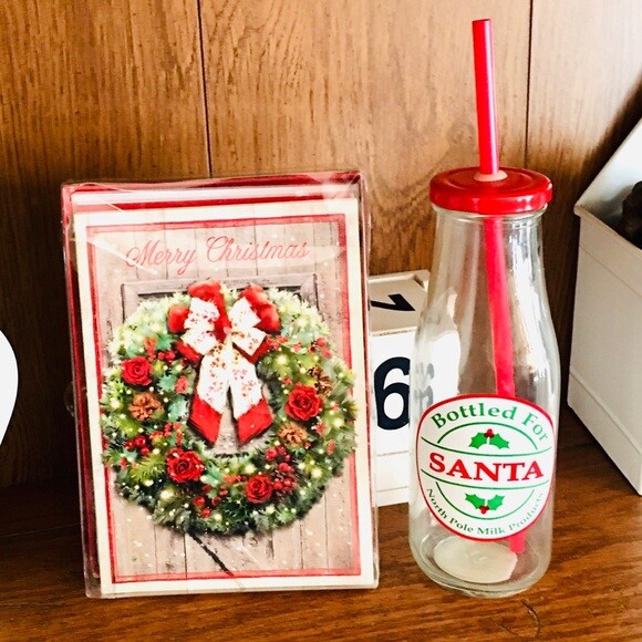 Santa milk bottle and farmhouse Christmas cards winter holiday home decor