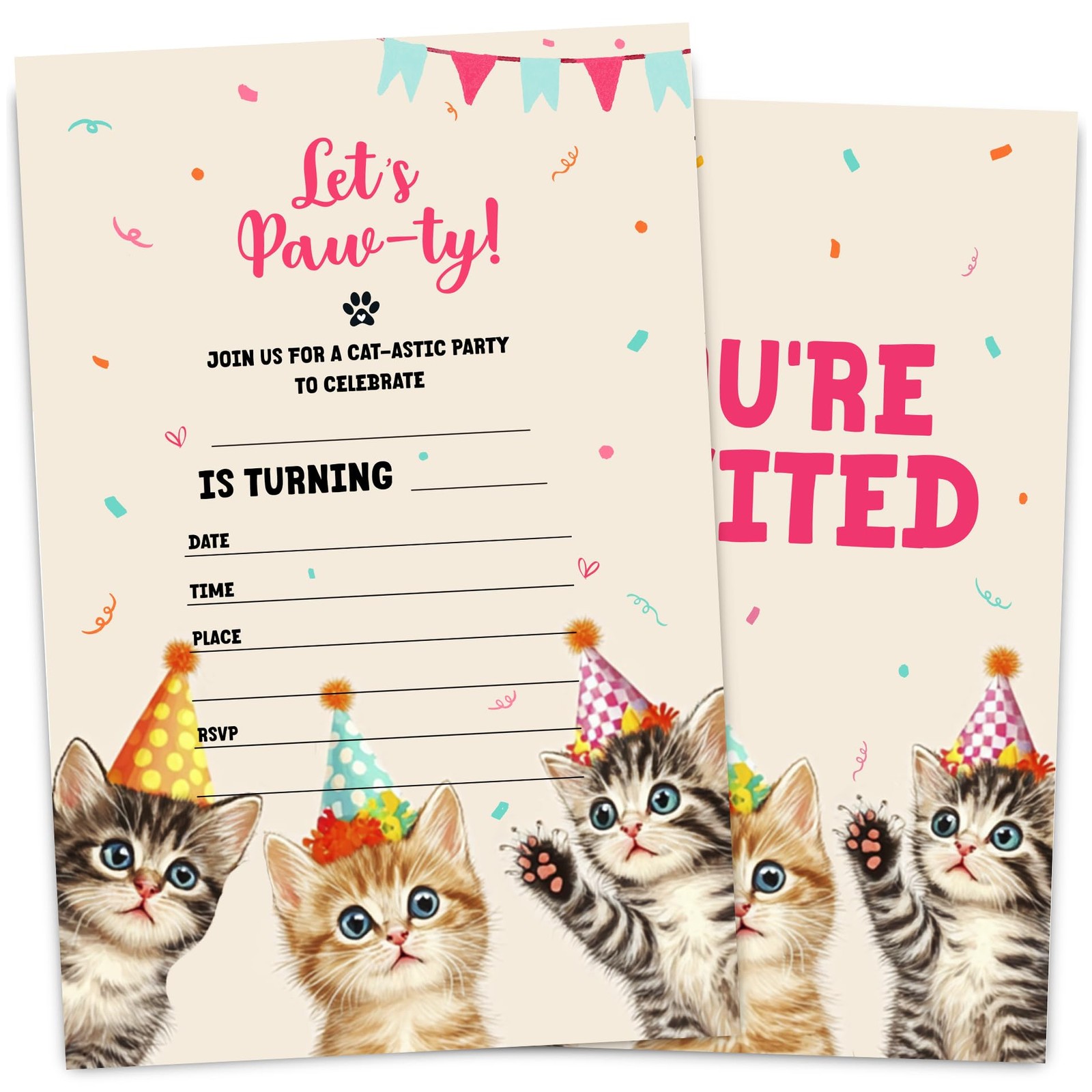 30 PCS Cat Pawty Happy Birthday Party Invitation Card Double Sided 4×6 Inch