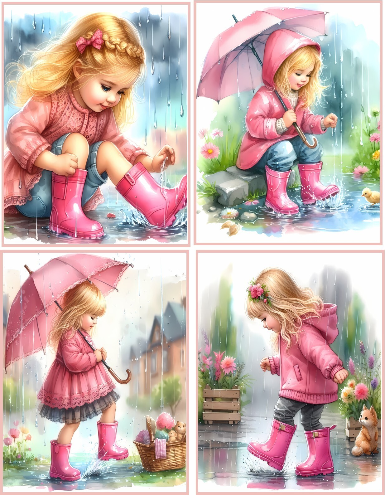 8 Girls playing in Rain Shabby Chic glossy blank fold out Note Card envelopes
