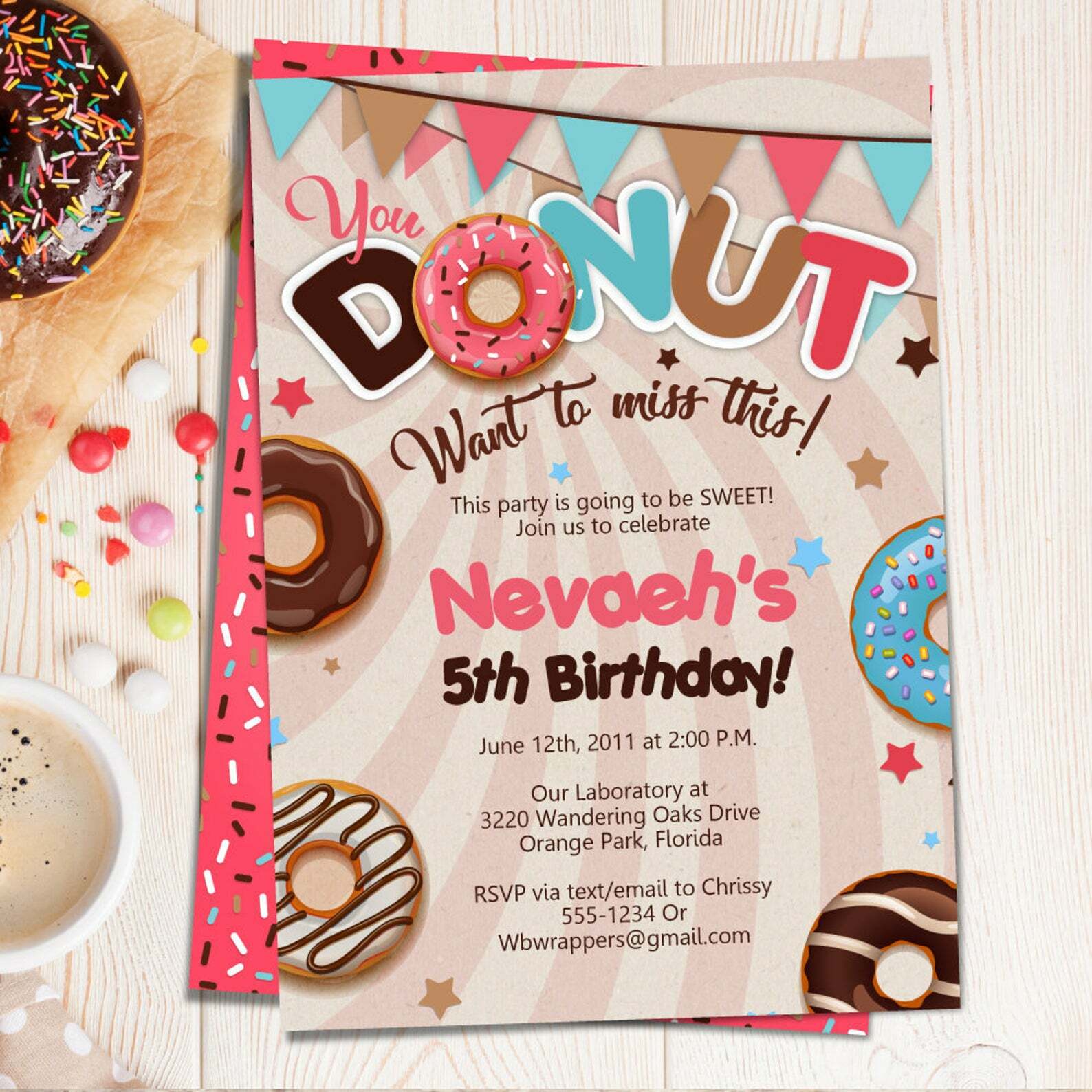 Donut Birthday Party Invitations Printable or Printed for GIRLS