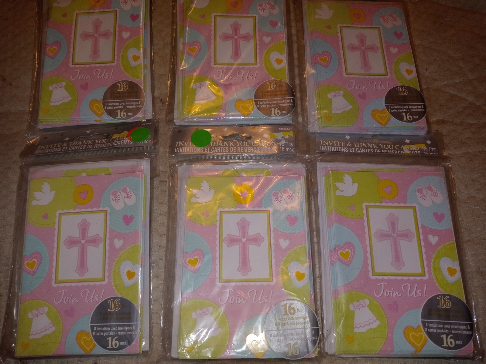 6Pk Of 8 TOTAL Of 24 Pink Cross Religious Invites + Envelopes + Thank You cards